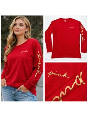VICTORIA’S SECRET PINK CAMPUS T-SHIRT RED GOLD SCRIPT LONG SLEEVE LOGO LARGE